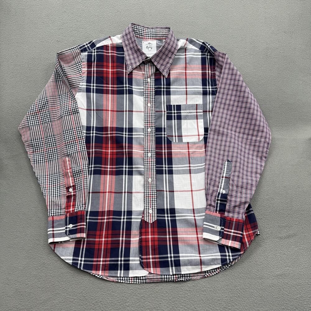 Brooks Brothers Shirt Mens‎ Large Patchwork Plaid Red Blue 100% Cotton USA